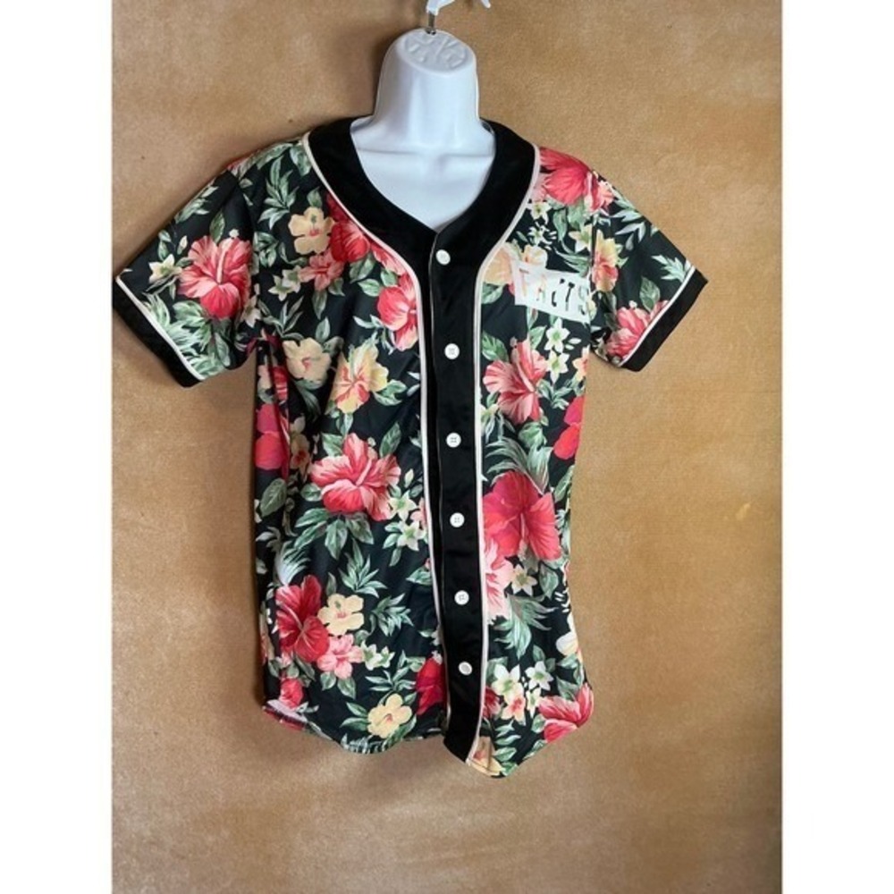 Mr Bao Long‎ Miss GO Floral Print Baseball Jersey Shirt Black  Red Flower large?